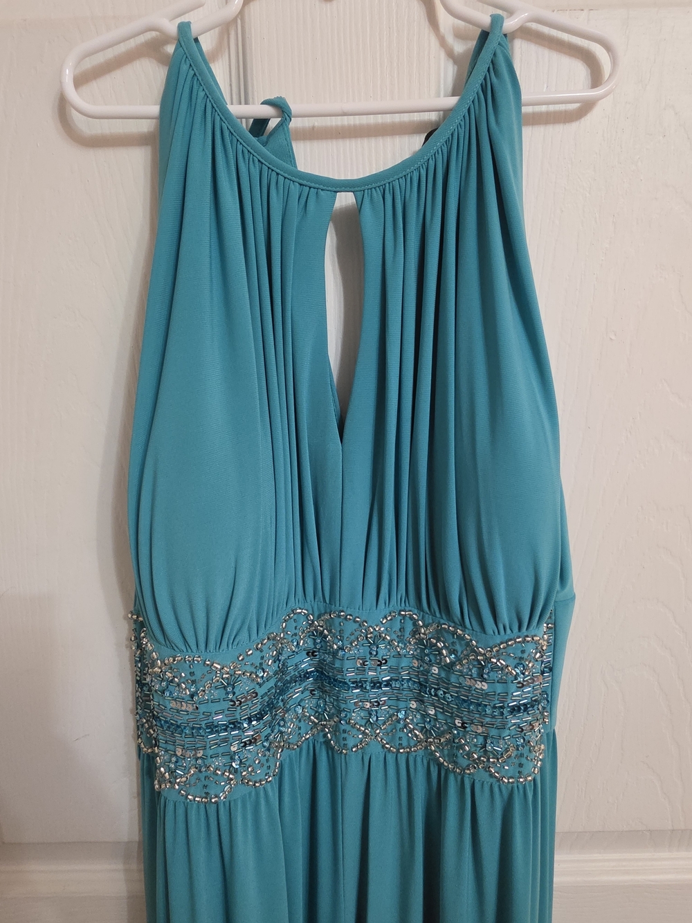 R&M Richards Turquoise Halter Prom Dress with Beaded Waist